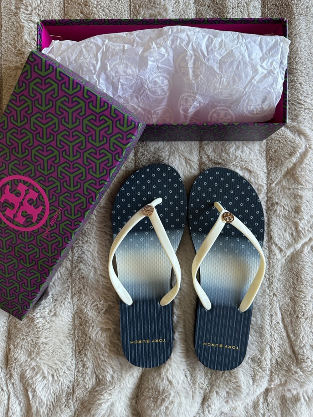 Tory Burch Navy Gradient Flip Flops with Ivory Straps and Gold Logo